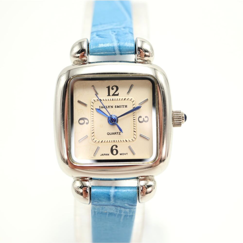 Jaclyn Smith Silver Tone 23mm Champagne Womens Watch Blue Leather w New Battery